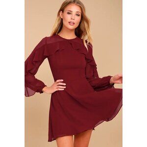 Lulus Longtime Love Burgundy Long Sleeve Skater Dress Women size small